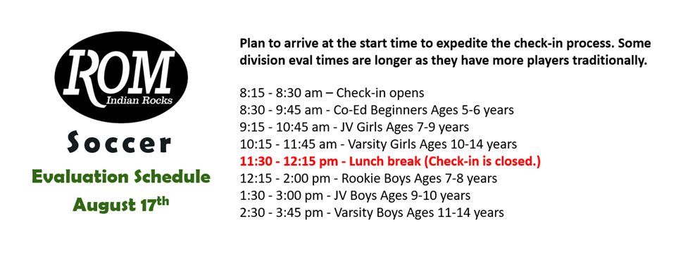 Soccer Evaluation Schedule